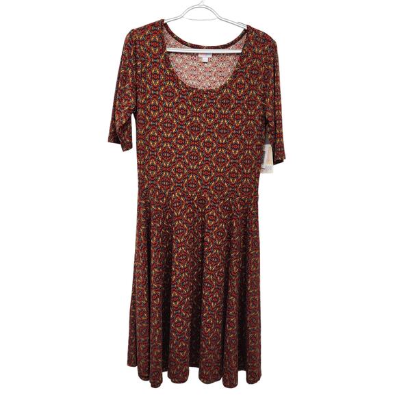 NWT LulaRoe Nicole Rust & Teal Pattern Scoop neck Elbow Length Dress Women's XL - Picture 1 of 9